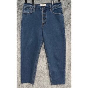 Abercrombie Fitch The Mom High Rise Button Fly Jeans Cutoff Raw Hem Blue Wash